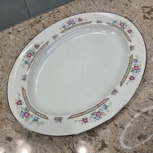 Vintage Imoco Fine China Stratford Oval Serving Platter Floral Silver Trim Japan
